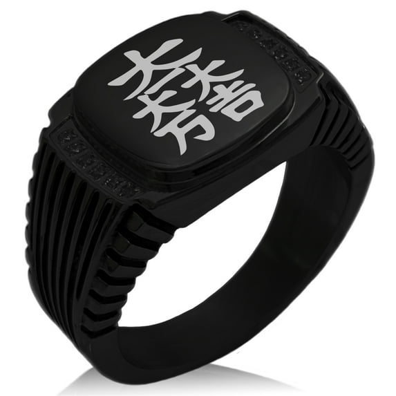 Tioneer Stainless Steel Ishida Samurai Crest CZ Ribbed Needle Stripe Pattern Biker Style Polished Ring