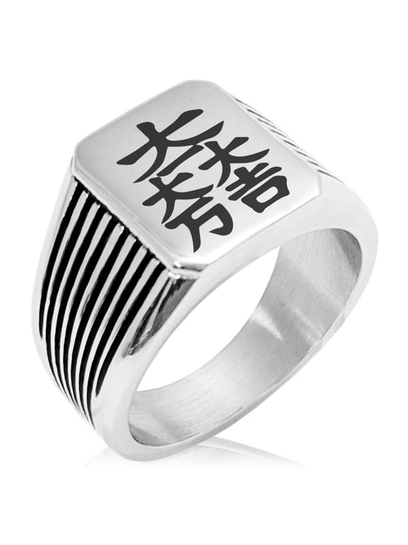 Stainless Steel Ishida Samurai Crest Needle Stripe Pattern Biker Style Polished Ring