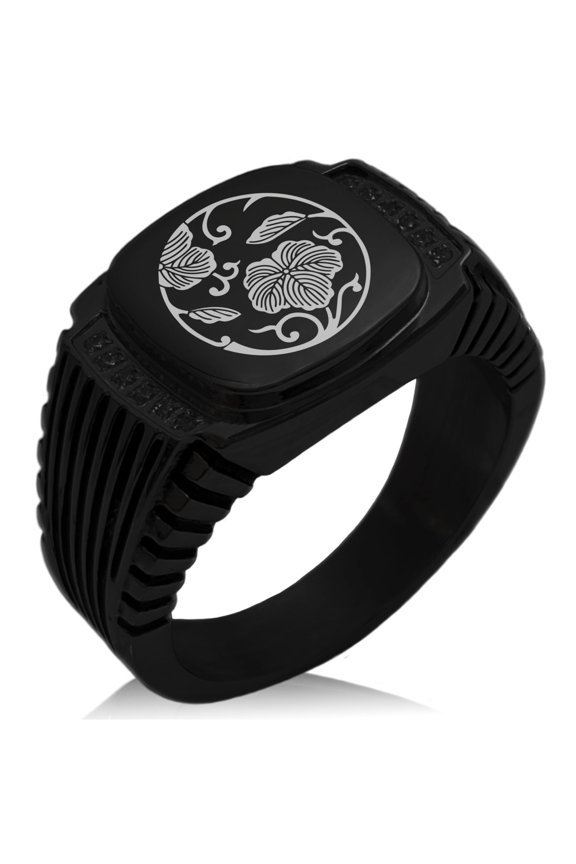 Stainless Steel Ivy Branch Kamon Crest CZ Ribbed Needle Stripe Pattern Biker Style Polished Ring