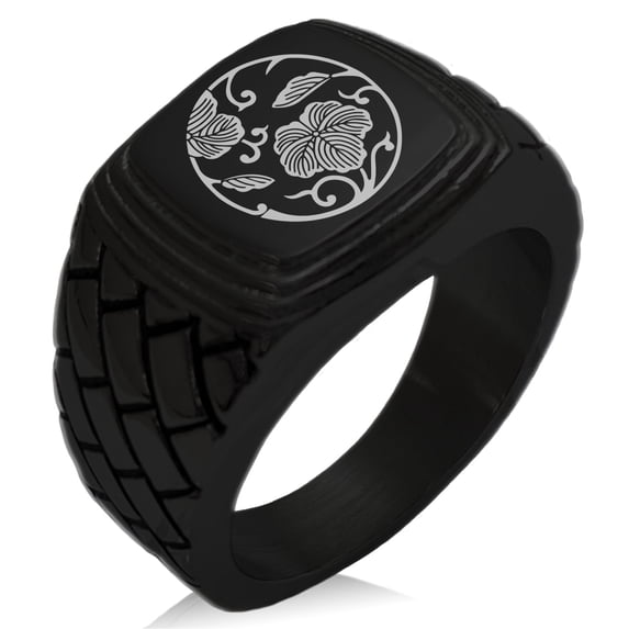 Tioneer Stainless Steel Ivy Branch Kamon Crest Geometric Pattern Step-Down Biker Style Polished Ring