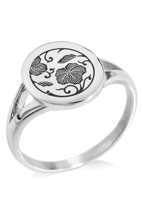 Stainless Steel Ivy Branch Kamon Crest Minimalist Oval Top Polished Statement Signet Ring