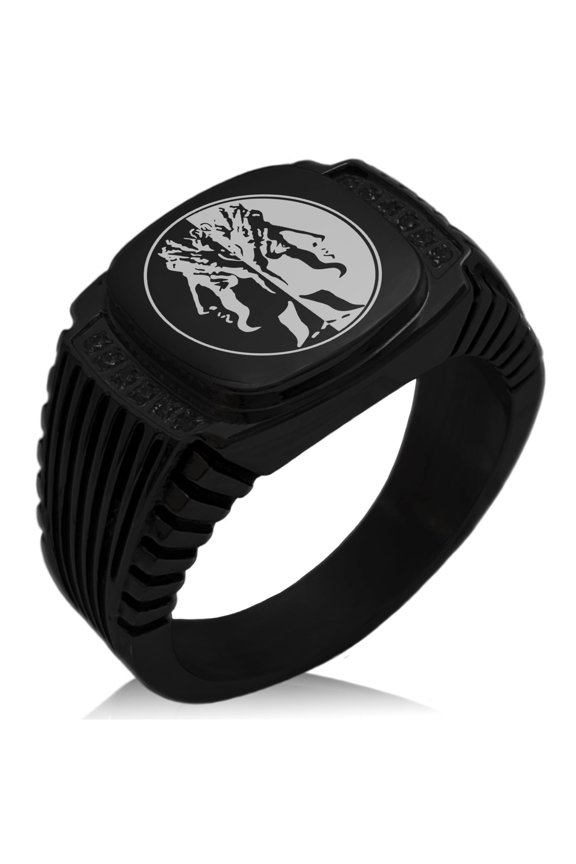 Stainless Steel Janus Greek God of Beginnings CZ Ribbed Needle Stripe Pattern Biker Style Polished Ring