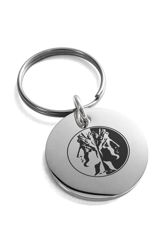 Stainless Steel Janus Greek God of Beginnings Engraved Small Medallion Circle Charm Keychain Keyring