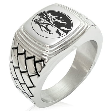 Stainless Steel Janus Greek God of Beginnings Geometric Pattern Step-Down Biker Style Polished Ring