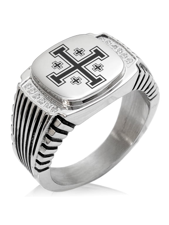 Stainless Steel Jerusalem Cross CZ Ribbed Needle Stripe Pattern Biker Style Polished Ring