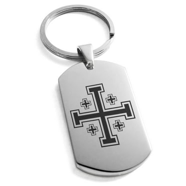 Tioneer Stainless Steel Jerusalem Cross Engraved Dog Tag Keychain Keyring