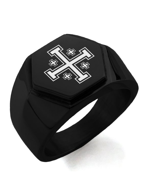 Stainless Steel Jerusalem Cross Engraved Hexagon Crest Flat Top Biker Style Polished Ring