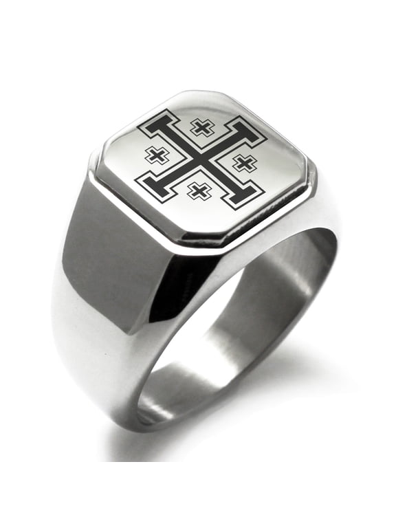 Stainless Steel Jerusalem Cross Engraved Square Flat Top Biker Style Polished Signet Ring
