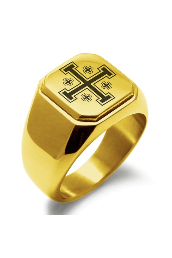 Stainless Steel Jerusalem Cross Engraved Square Flat Top Biker Style Polished Signet Ring