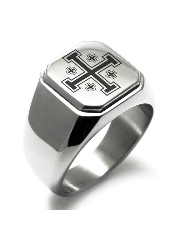 Stainless Steel Jerusalem Cross Engraved Square Flat Top Biker Style Polished Signet Ring