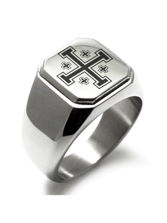Stainless Steel Jerusalem Cross Engraved Square Flat Top Biker Style Polished Signet Ring