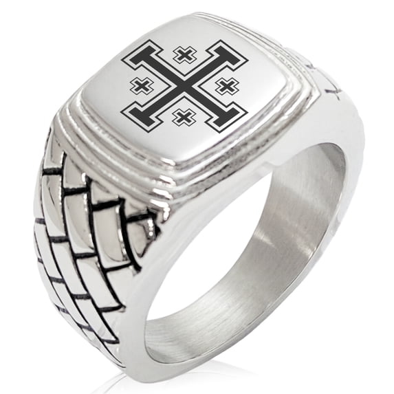 Stainless Steel Jerusalem Cross Geometric Pattern Step-Down Biker Style Polished Ring