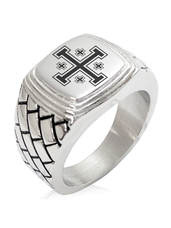 Stainless Steel Jerusalem Cross Geometric Pattern Step-Down Biker Style Polished Ring
