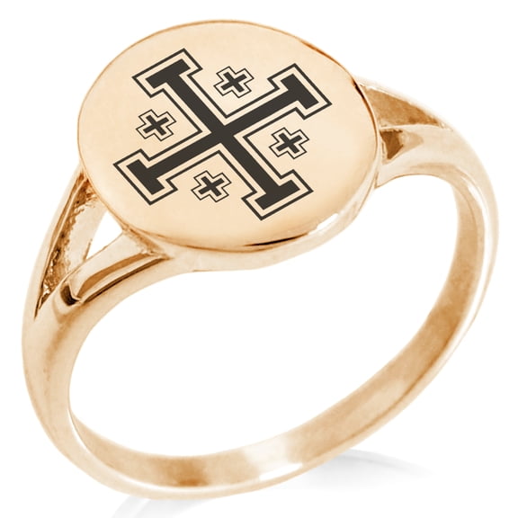 Stainless Steel Jerusalem Cross Minimalist Oval Top Polished Statement Signet Ring