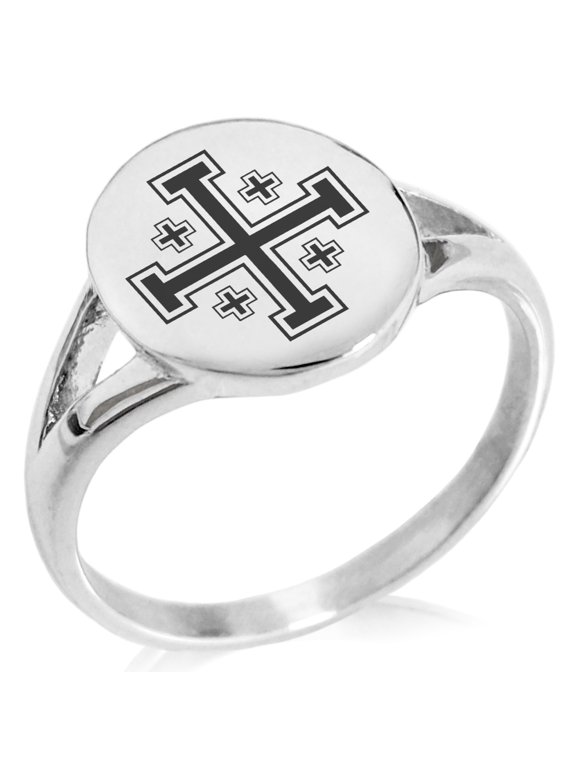 Stainless Steel Jerusalem Cross Minimalist Oval Top Polished Statement Signet Ring