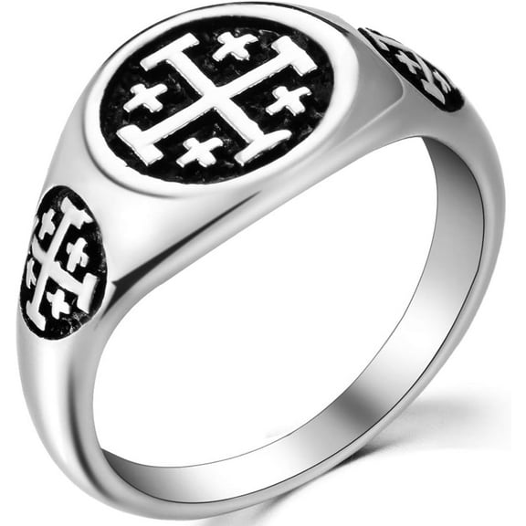 Stainless Steel Jerusalem Cross Signet Style Pinky Religious Ring