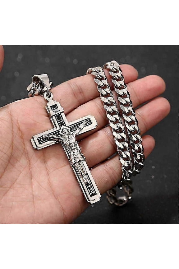 Stainless Steel Jesus Cross Necklace Pendant with 24 Inch Chain, Multilayer Crucifix Necklace for Men and Women, Durable Religious Jewelry