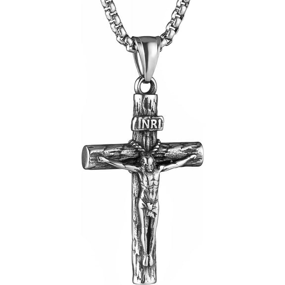 Stainless Steel Jesus Crucifix Cross Necklace Religious INRI Cross Pendant For Men Women With 24'' Chain Jewelry Gift'