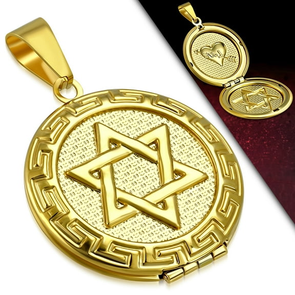 Stainless Steel Jewish Star of David Love Heart Arrow Locket Pendant Necklace - Yellow Gold Tone
