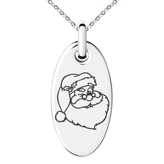 Stainless Steel Jolly Good Santa Claus Engraved Small Oval Charm Pendant Necklace