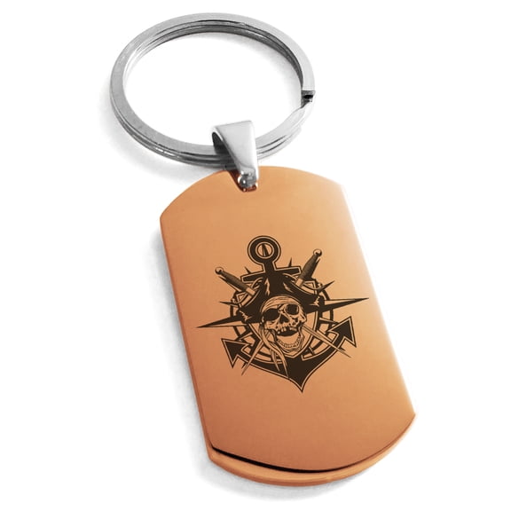 Tioneer Stainless Steel Jolly Roger Pirate Skull Anchor Engraved Dog Tag Keychain Keyring