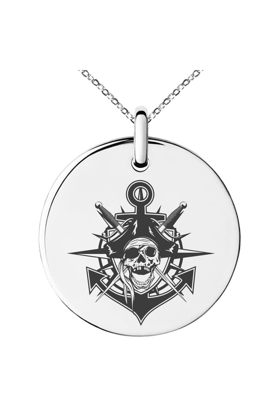 Stainless Steel Jolly Roger Pirate Skull Anchor Engraved Small Medallion Circle Charm Pendant Necklace
