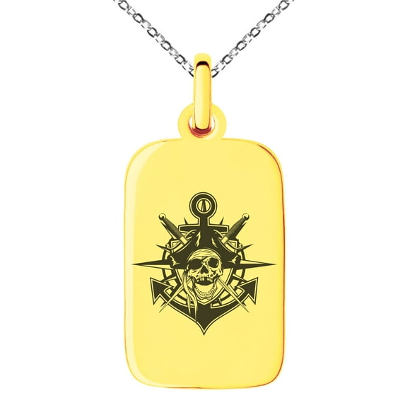 Stainless Steel Jolly Roger Pirate Skull Anchor Engraved Small Rectangle Dog Tag Charm Pendant Necklace