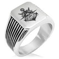 thumbnail image 1 of Stainless Steel Jolly Roger Pirate Skull Anchor Needle Stripe Pattern Biker Style Polished Ring, 1 of 1