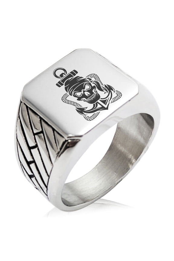 Stainless Steel Jolly Roger Pirate Skull Rope & Anchor Geometric Pattern Biker Style Polished Ring