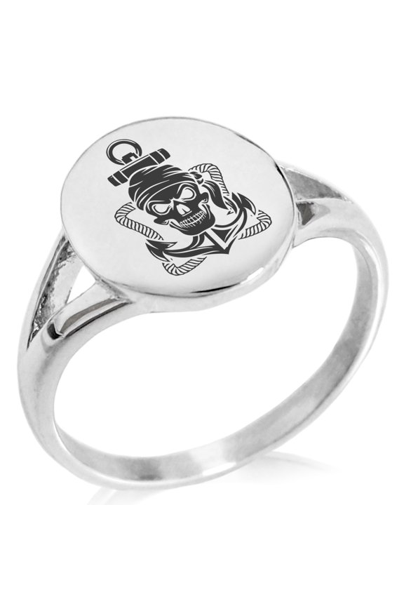 Stainless Steel Jolly Roger Pirate Skull Rope & Anchor Minimalist Oval Top Polished Statement Signet Ring