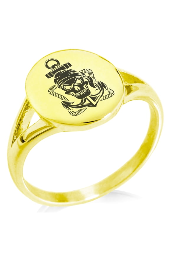 Stainless Steel Jolly Roger Pirate Skull Rope & Anchor Minimalist Oval Top Polished Statement Signet Ring