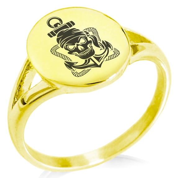 Stainless Steel Jolly Roger Pirate Skull Rope & Anchor Minimalist Oval Top Polished Statement Signet Ring