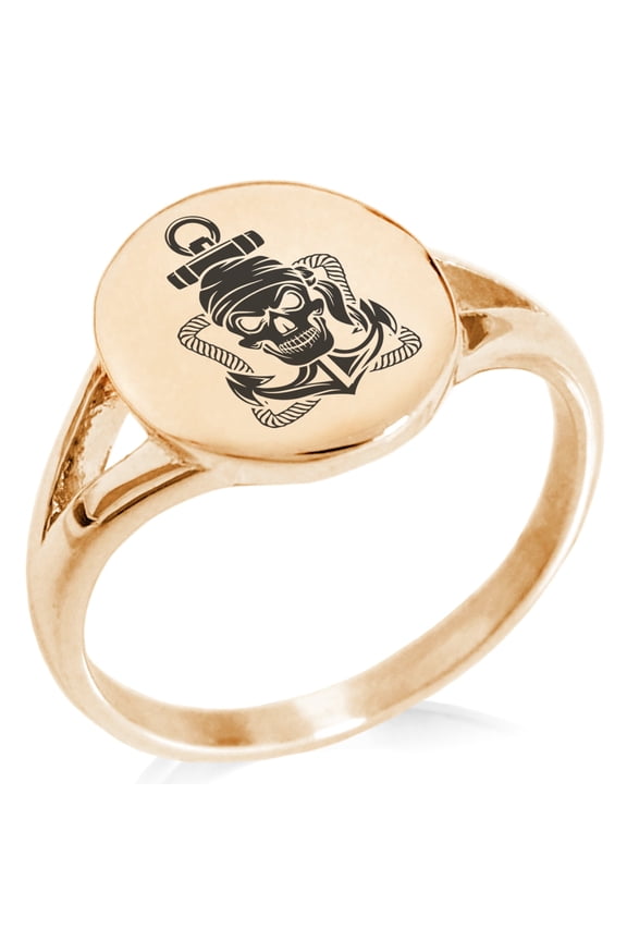 Stainless Steel Jolly Roger Pirate Skull Rope & Anchor Minimalist Oval Top Polished Statement Signet Ring