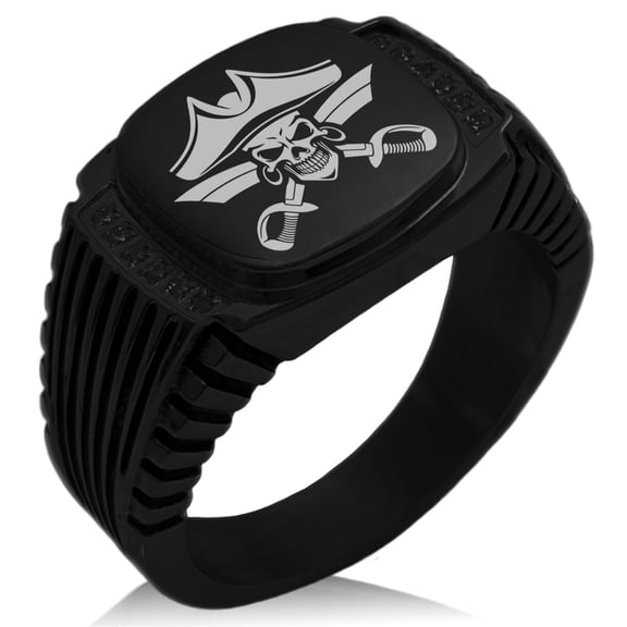 Stainless Steel Jolly Roger Skull Pirates Cross Swords CZ Ribbed Needle Stripe Pattern Biker Style Polished Ring