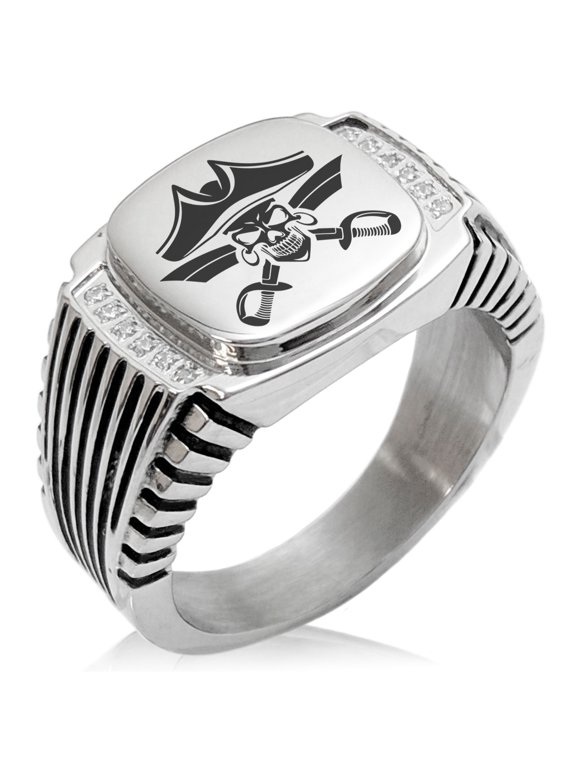 Stainless Steel Jolly Roger Skull Pirates Cross Swords CZ Ribbed Needle Stripe Pattern Biker Style Polished Ring