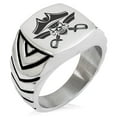 thumbnail image 1 of Stainless Steel Jolly Roger Skull Pirates Cross Swords Chevron Pattern Biker Style Polished Ring, 1 of 1