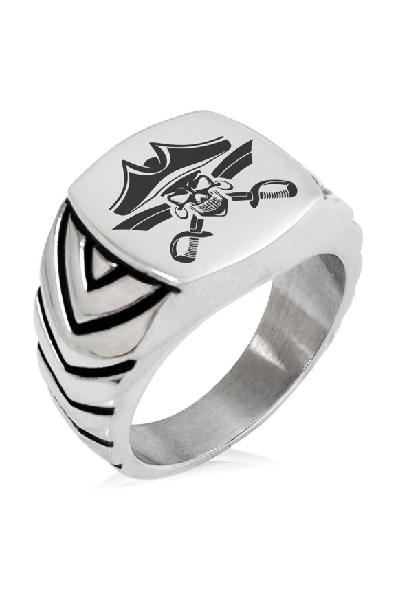 Stainless Steel Jolly Roger Skull Pirates Cross Swords Chevron Pattern Biker Style Polished Ring