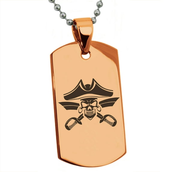 Stainless Steel Jolly Roger Skull Pirates Cross Swords Engraved Dog Tag Pendant Necklace