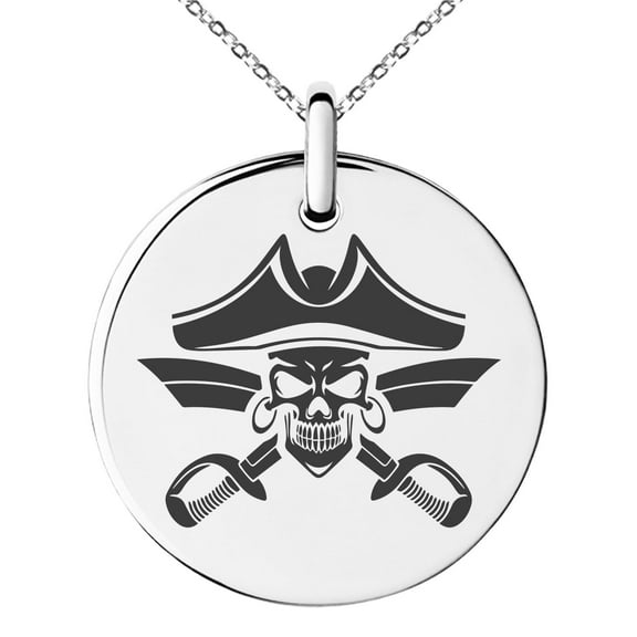 Tioneer Stainless Steel Jolly Roger Skull Pirates Cross Swords Engraved Small Medallion Circle Charm Pendant Necklace