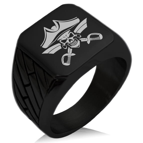 Tioneer Stainless Steel Jolly Roger Skull Pirates Cross Swords Geometric Pattern Biker Style Polished Ring