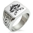 thumbnail image 1 of Stainless Steel Jolly Roger Skull Pirates Cross Swords Geometric Pattern Biker Style Polished Ring, 1 of 1