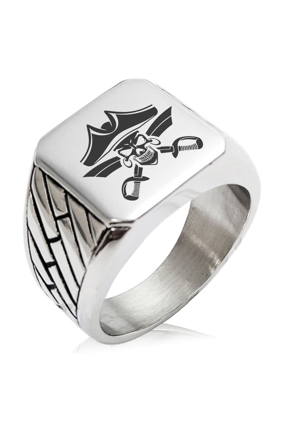 Stainless Steel Jolly Roger Skull Pirates Cross Swords Geometric Pattern Biker Style Polished Ring