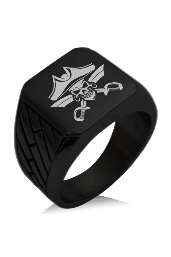Stainless Steel Jolly Roger Skull Pirates Cross Swords Geometric Pattern Biker Style Polished Ring
