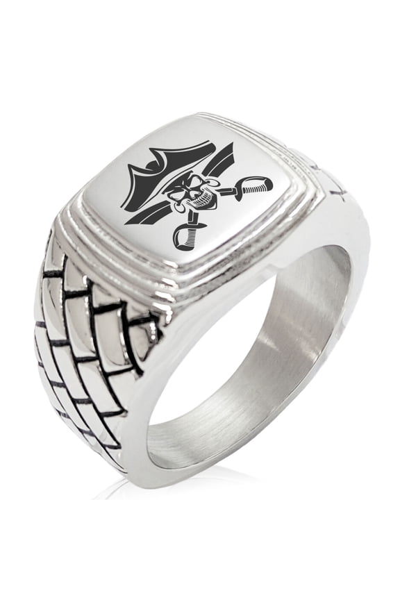 Stainless Steel Jolly Roger Skull Pirates Cross Swords Geometric Pattern Step-Down Biker Style Polished Ring