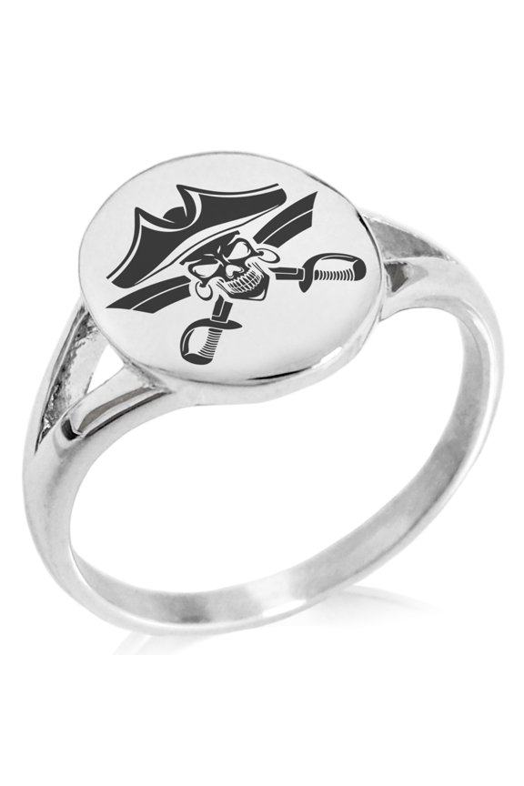 Stainless Steel Jolly Roger Skull Pirates Cross Swords Minimalist Oval Top Polished Statement Signet Ring