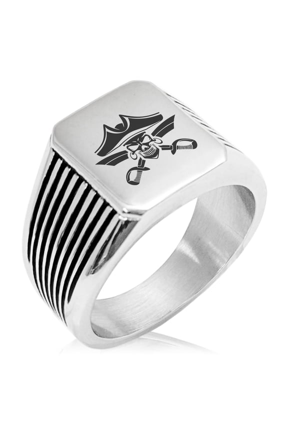 Stainless Steel Jolly Roger Skull Pirates Cross Swords Needle Stripe Pattern Biker Style Polished Ring