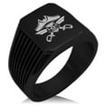thumbnail image 1 of Stainless Steel Jolly Roger Skull Pirates Cross Swords Needle Stripe Pattern Biker Style Polished Ring, 1 of 1