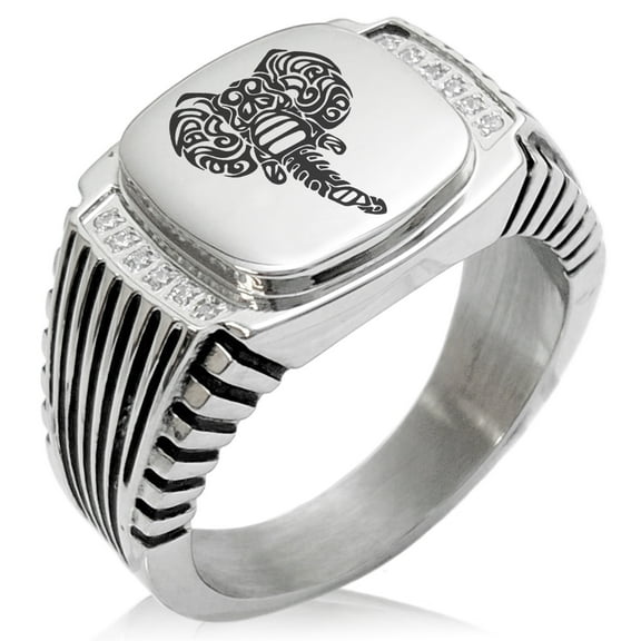 Stainless Steel Juggernaut Elephant CZ Ribbed Needle Stripe Pattern Biker Style Polished Ring