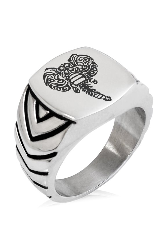 Stainless Steel Juggernaut Elephant Chevron Pattern Biker Style Polished Ring
