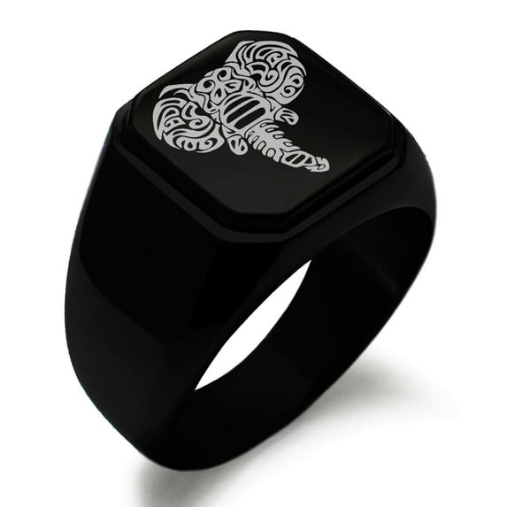 Stainless Steel Juggernaut Elephant Engraved Square Flat Top Biker Style Polished Ring